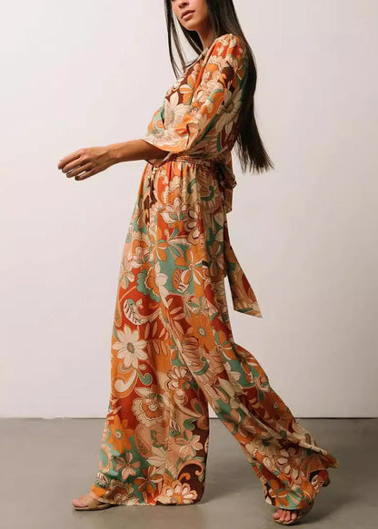 Orange V Neck Print Lace Up Jumpsuits Half Sleeve