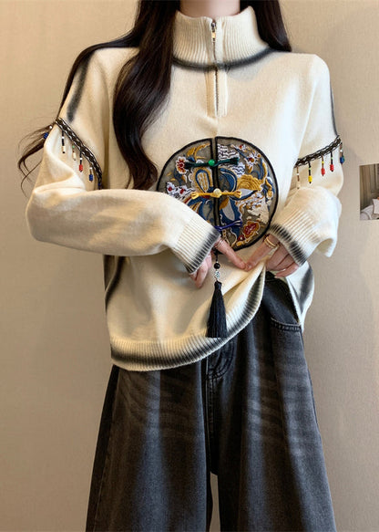 Beige Hign Neck Embroidered Knit Sweaters Spring