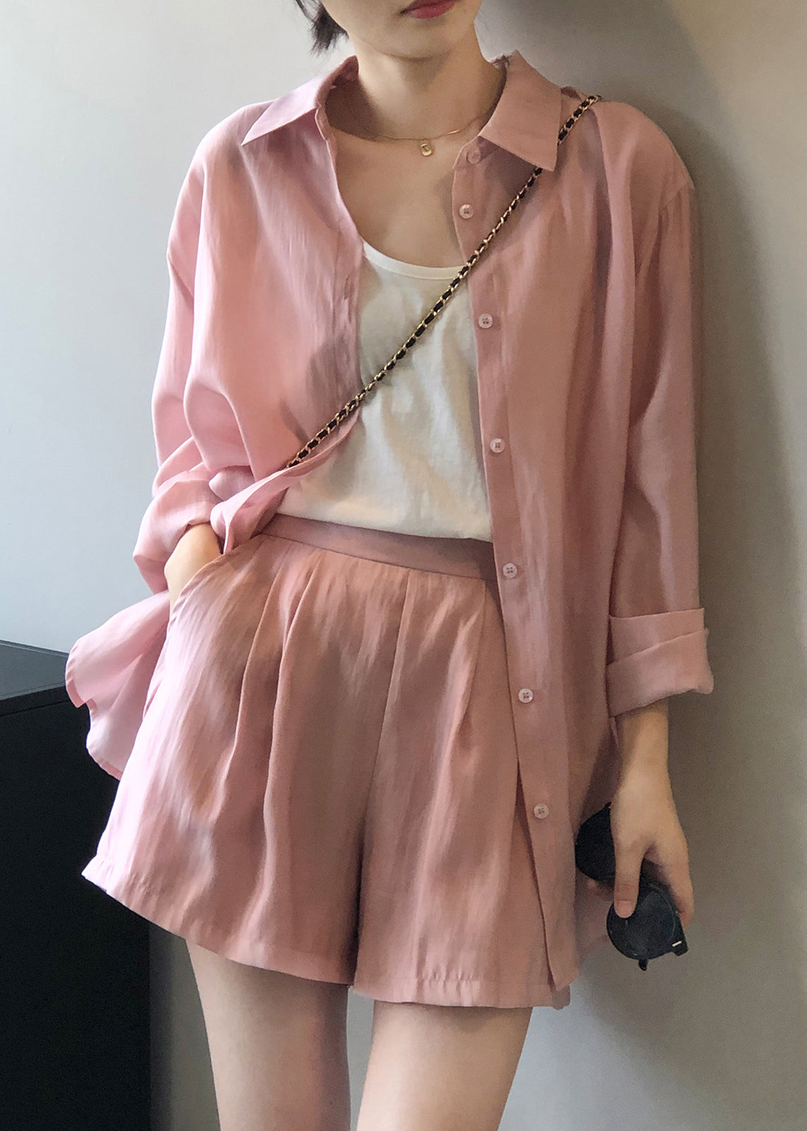 Loose Pink Lace Up Pockets Shirts and Shorts Silk Two Pieces Set Spring