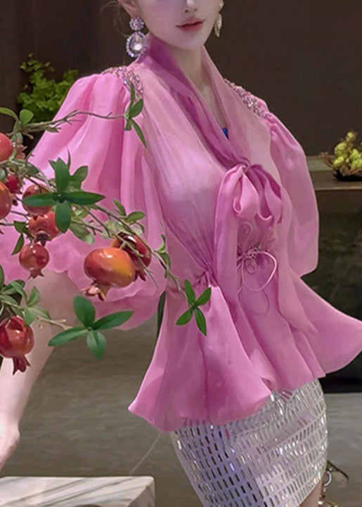 Pink Bow Drawstring Tulle Shirt Puff Sleeve