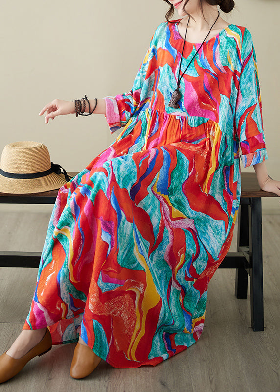 Holiday Style Red O-neck Print Loose Cotton Long Dress Summer