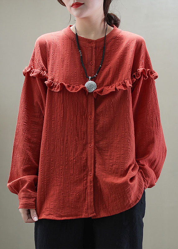 Green Ruffled Button Patchwork Cotton Blouse Tops Long Sleeve