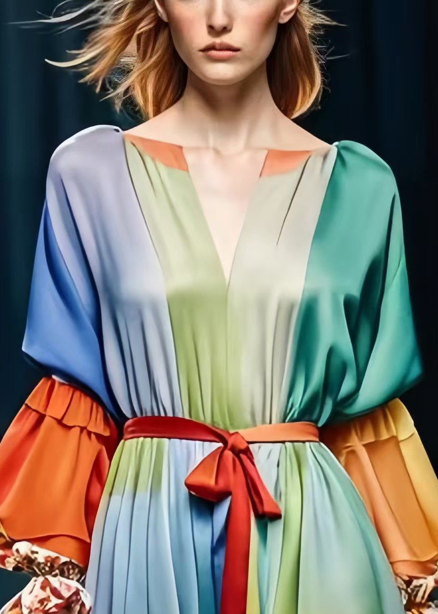 Rainbow Cinched Patchwork Silk Dress Lantern Sleeve