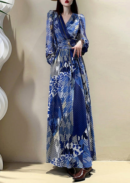 Blue V Neck Print Drawstring Maxi Dress Lantern Sleeve