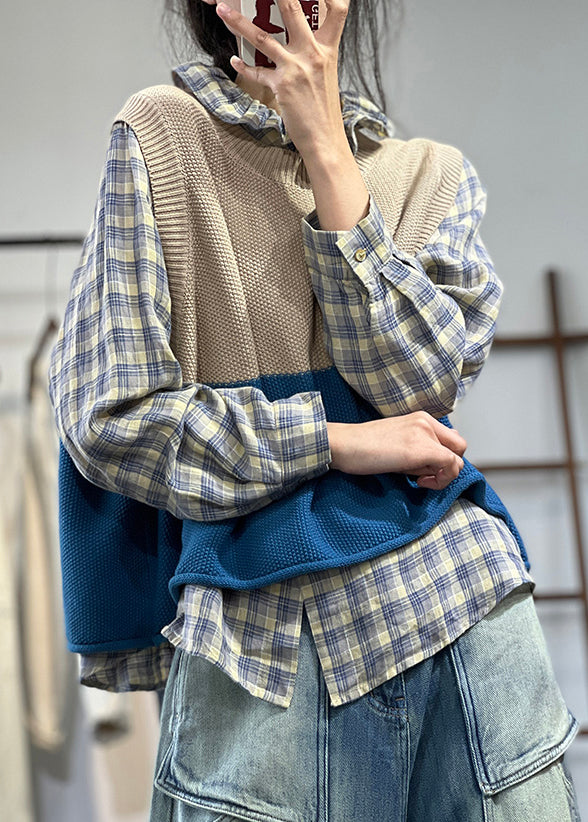 Blue O Neck Patchwork Cozy Knit Waistcoat Sleeveless