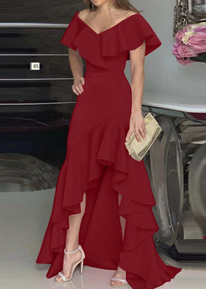 Classy Rose Ruffled Asymmetrical Patchwork Cotton Dress Summer