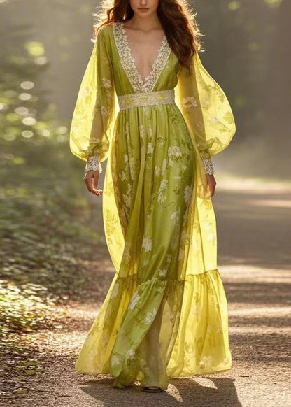 V Neck Print Lace Patchwork Silk Holiday Dress Spring