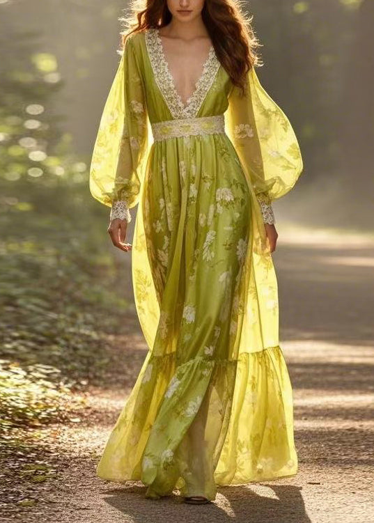 V Neck Print Lace Patchwork Silk Holiday Dress Spring