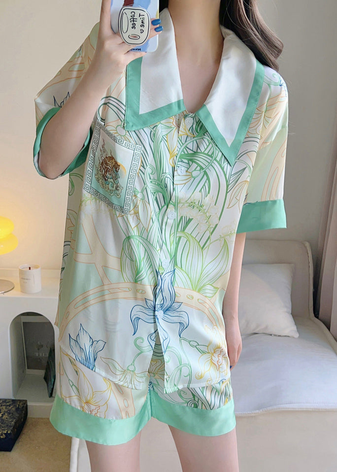 Green Print Button Shirt and Shorts Ice Silk Pajamas Two Pieces Set Summer