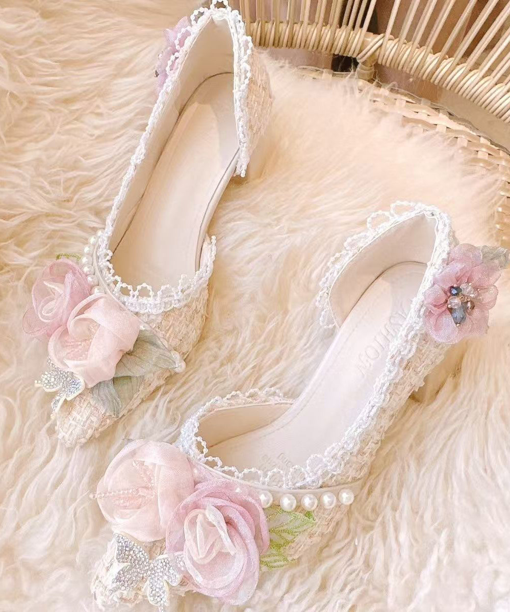 New Pink Flower Nail Bead Pointed Toe Coarse Heels