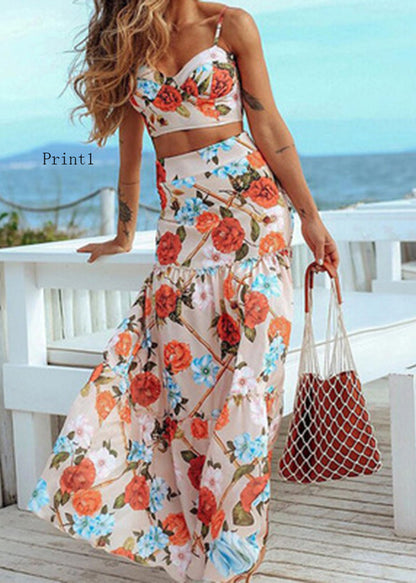European and American Print Suspender Top and Skirts Set