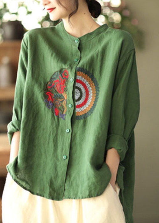 Green Embroidered Asymmetrical Design Linen Shirts Spring