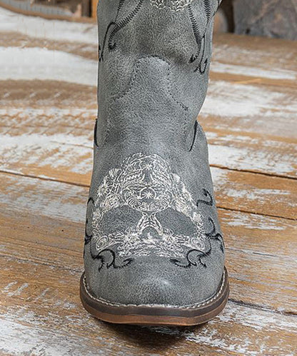 Embroidery Chunky Boots Grey Faux Leather