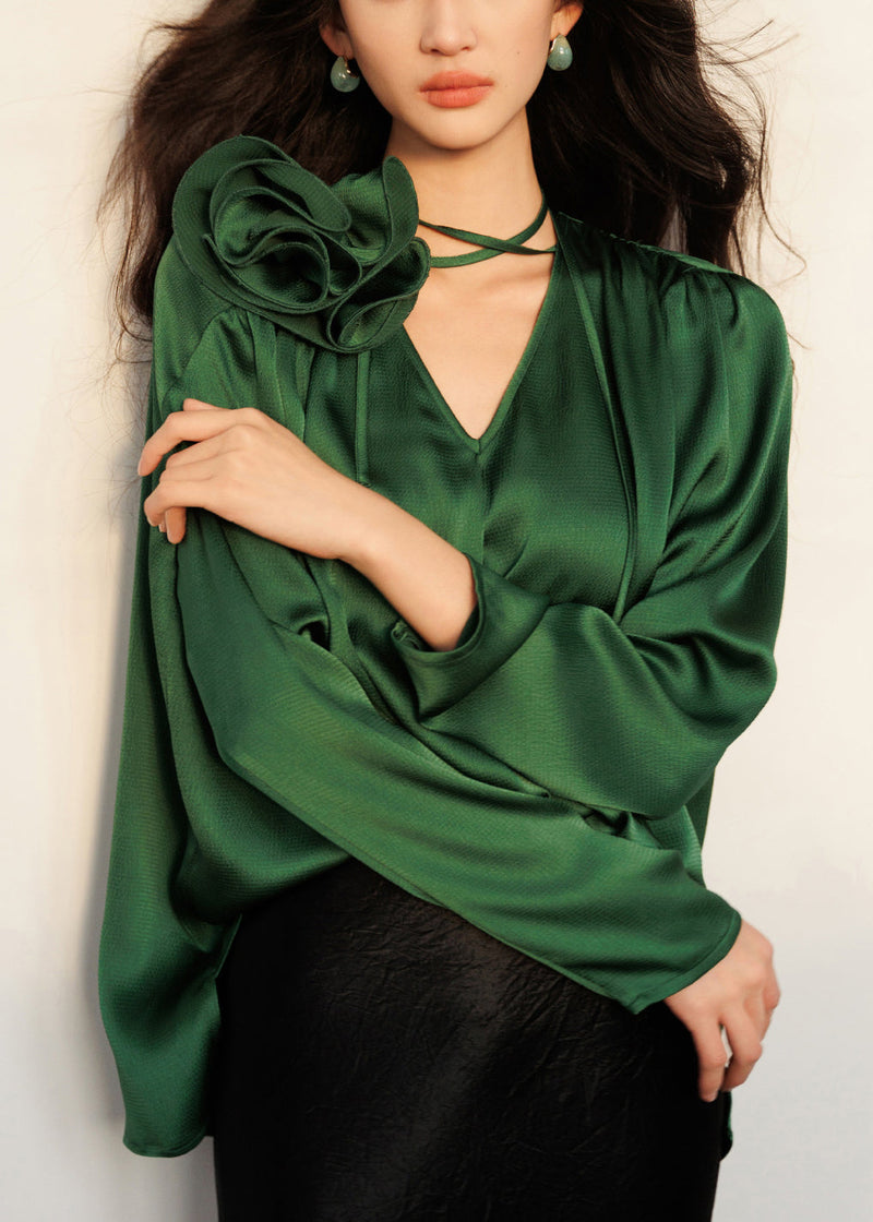Green V Neck Lace Up Silk Blouses Fall