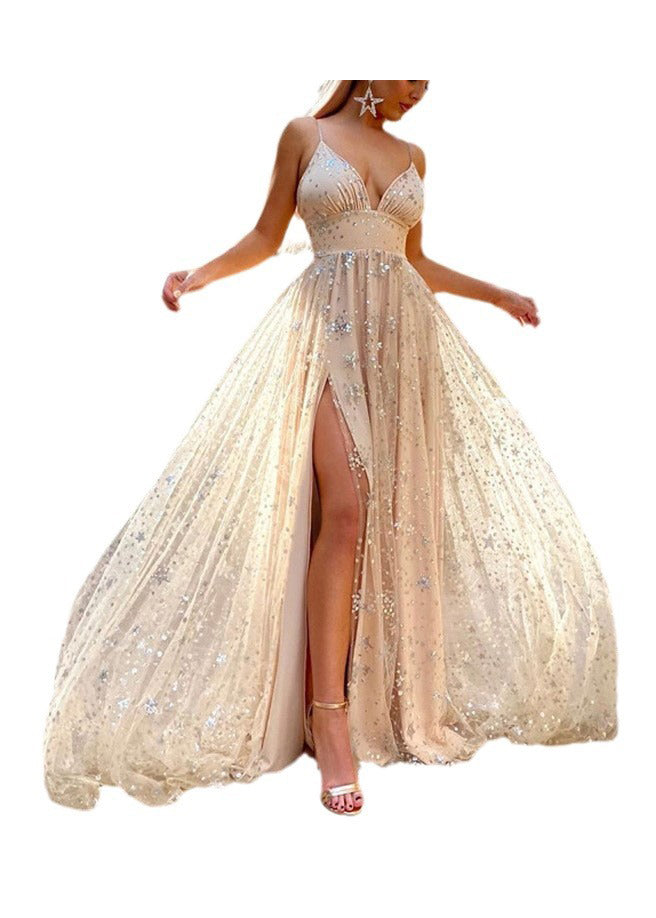 European and American Sequins Side Open Spaghetti Strap Dress Summer