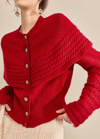 Vogue Red Button Shawl Fake Two Pieces Thick Cotton Knit Sweater Fall