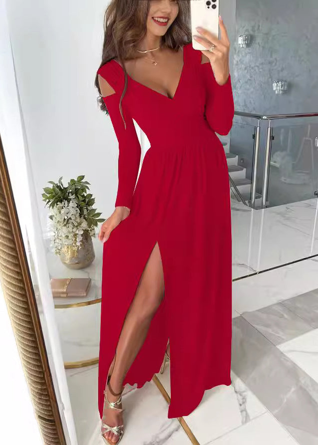 New Red V Neck Cold Shoulder Side Open Dress Fall