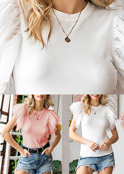 Pink Tulle Patchwork Knit T Shirts Summer
