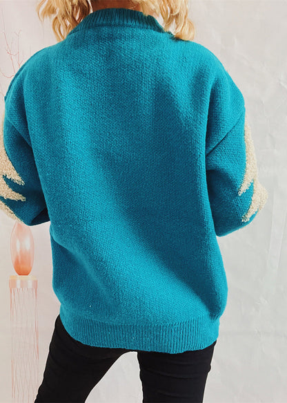 Fine Blue Jacquard Sequins Thick Knit Pullover Winter