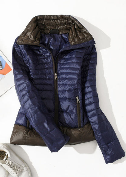 Italian Navy Stand Collar Zip Up Pockets Patchwork Duck Down Jacket in Winter