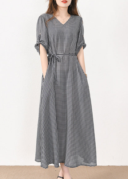 French Plaid Pockets Tie Waist Silk Cotton Long Dresses Half Sleeve