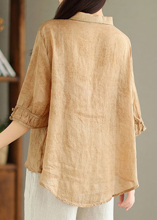 New Khaki Button Print Linen Shirt Summer
