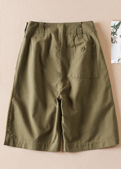 Army Green Pockets High Waist Cotton Shorts Summer