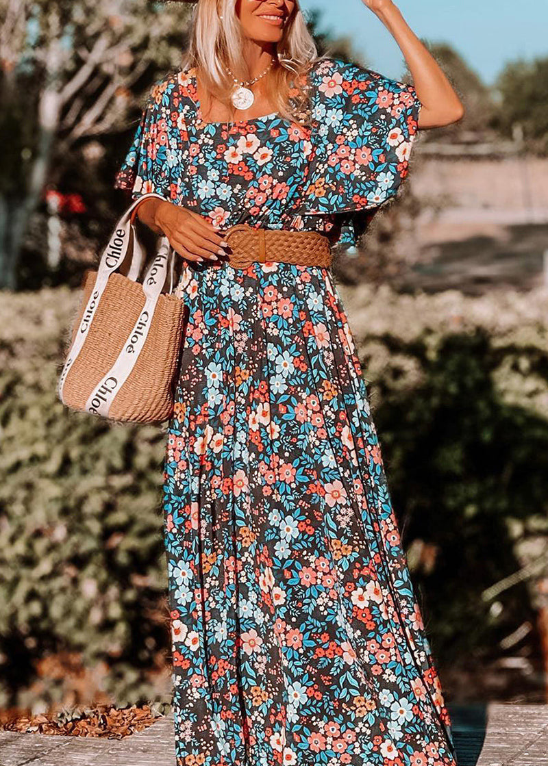 Boutique Square Collar Print Wrinkled Cotton Long Dresses Summer