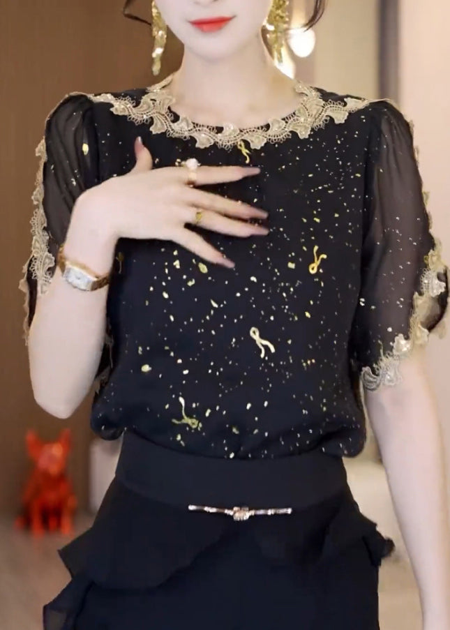 Handmade Black O-neck Lace Patchwork Chiffon Shirt Summer