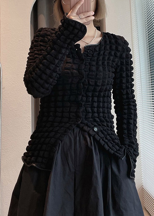 Slim Fit Black O-neck Button Cotton Top Fall