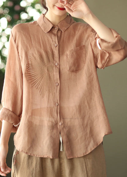 Navy Button Ramie Top Peter Pan Collar Spring