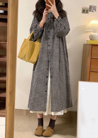 Apricot Plaid O-neck Button Long Shirts Dresses Spring