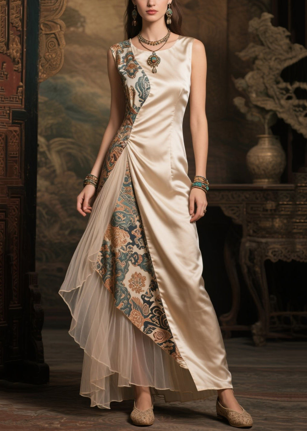 Champagne Asymmetrical Patchwork Jacquard Silk Dress Sleeveless