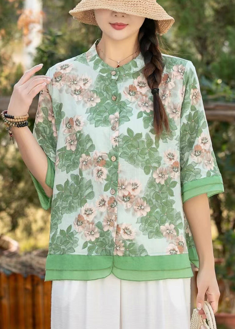 Green Stand Collar Print Linen Shirt Top Half Sleeve