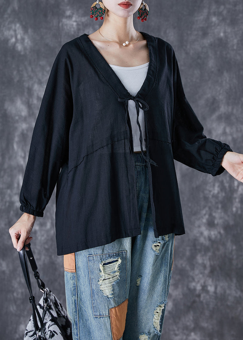 Black Oversized Lace Up Linen Cardigan Fall