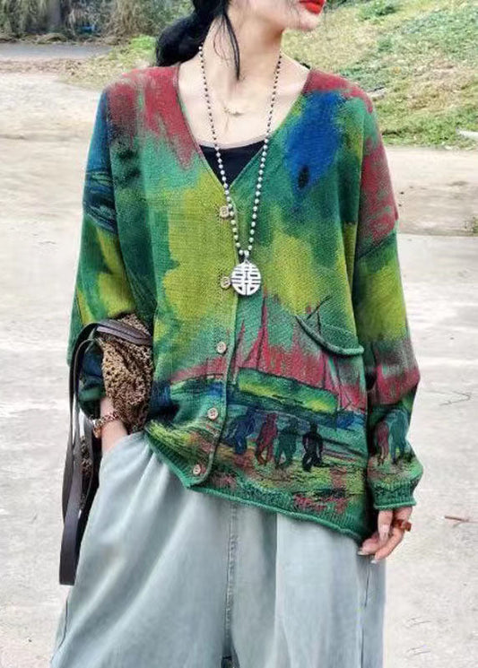 Green V Neck Print Pockets Knit Cardigans Long Sleeve