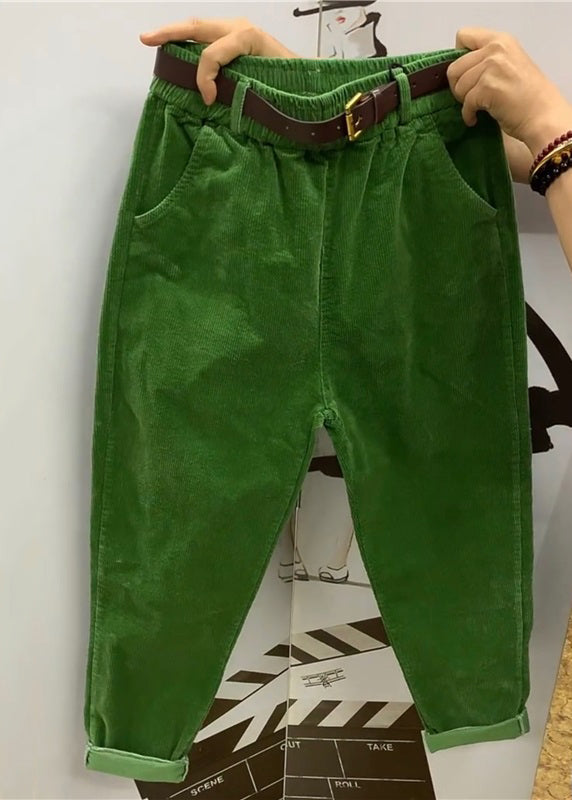Loose Green Pockets Elastic Waist Corduroy Harem Pants Fall