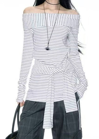 Art Slash Neck Striped Tie Waist Cotton T Shirts Summer