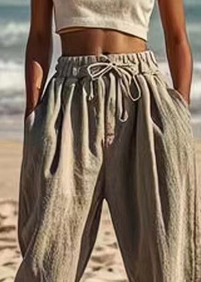 Loose Grey Pockets Elastic Waist Beam Pants