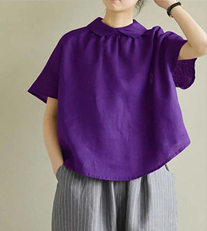 Simple White-flower Peter Pan Collar Linen Shirt Summer