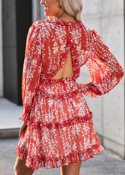 Red Ruffled Print Patchwork Chiffon Mid Dress Spring