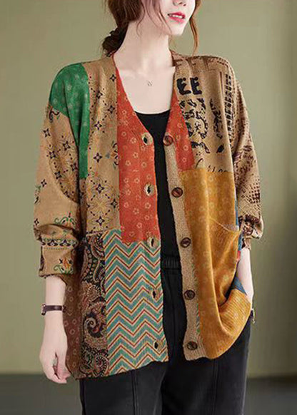 Colorblock V Neck Button Knitting Cotton Coat Fall