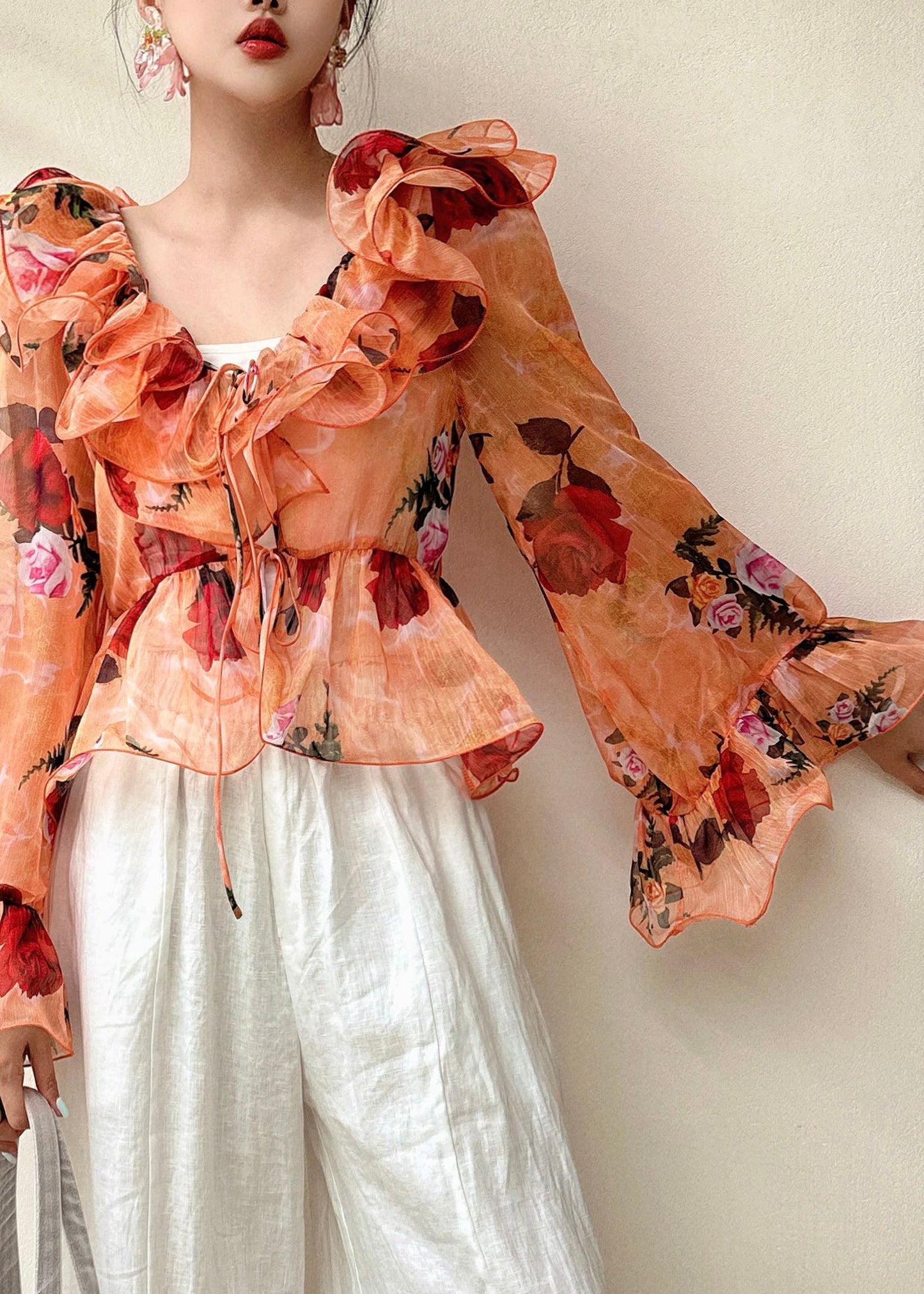 Blue Ruffled Patchwork Print Chiffon Shirt Flare Sleeve