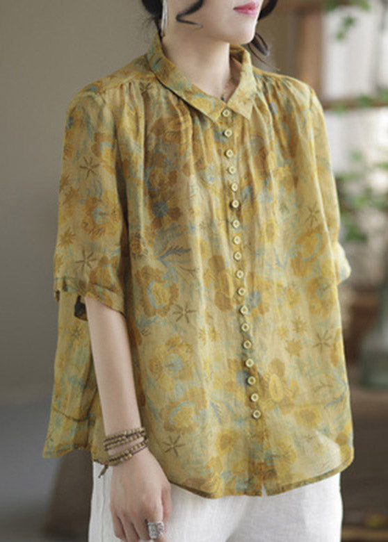 Yellow Peter Pan Collar Print Linen Shirt Half Sleeve