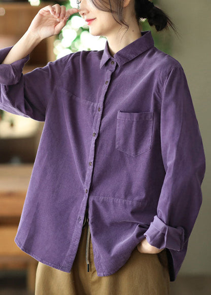 Unique Purple Peter Pan Collar Button Patchwork Corduroy Blouses Spring