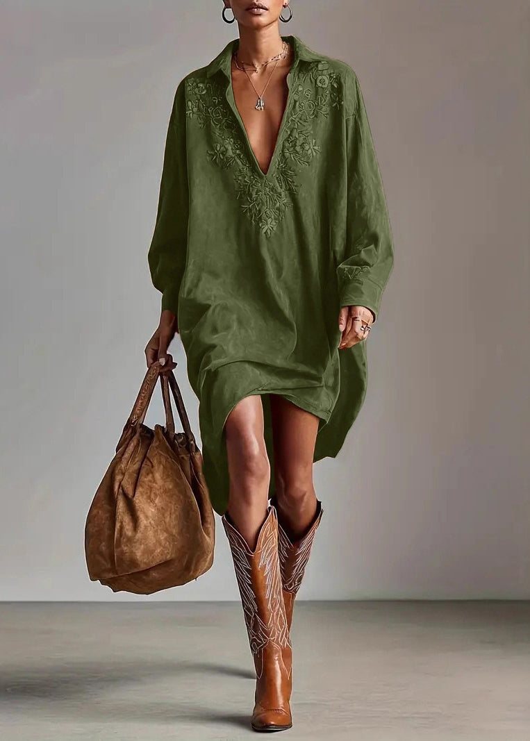 Caramel Peter Pan Collar Embroidered Faux Suede Shirts Dress Spring