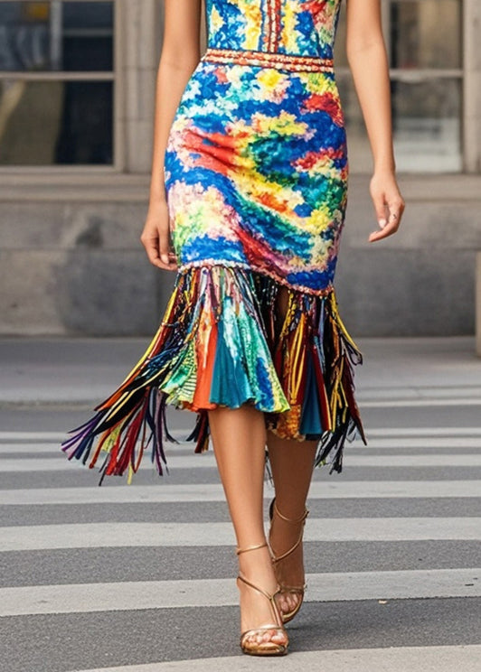 Multicolou Print Knit Dresses Tasseled Summer