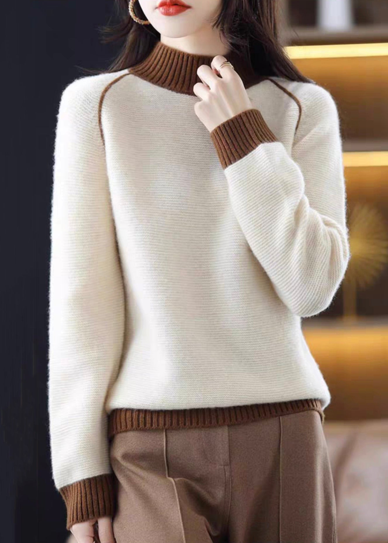 Brown Turtleneck Cozy Patchwork Wool Knit Sweaters