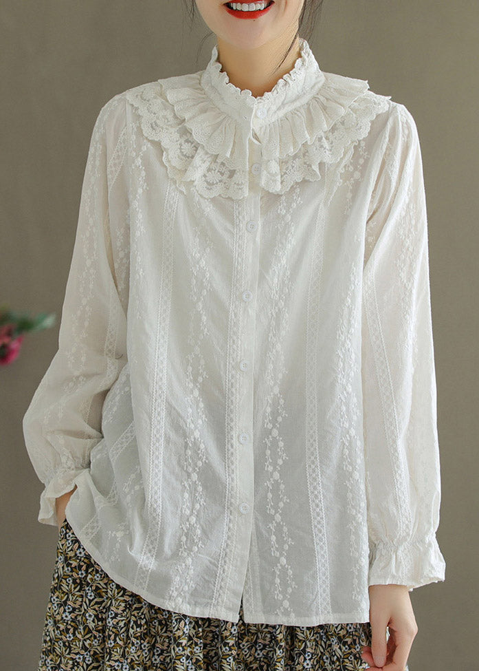Jacquard White Ruffled Embroidered Lace Patchwork Button Cotton Shirt Long Sleeve