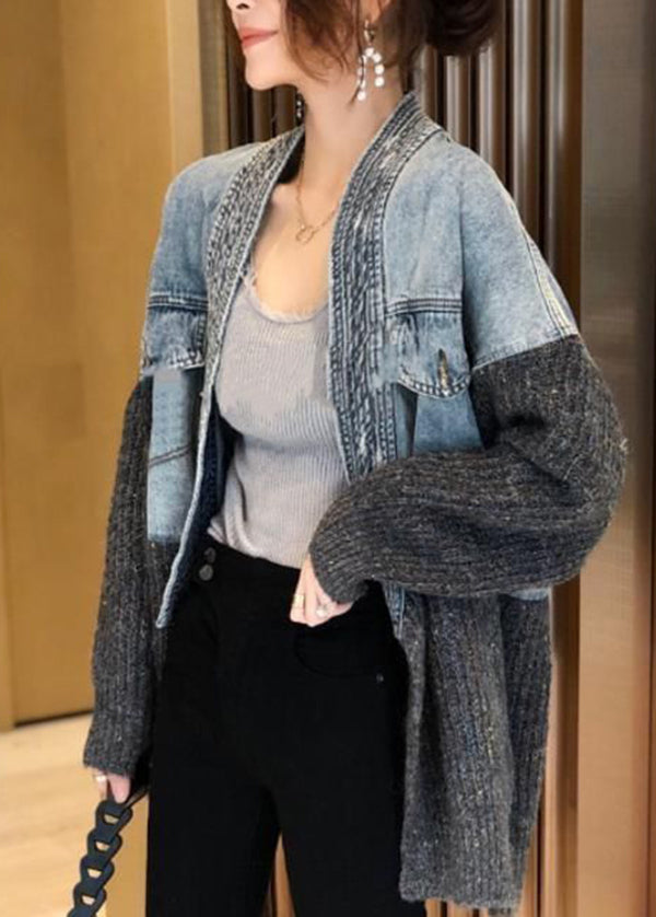 Autumn Winter New Loose Fit Denim Spliced Knitted Cardigan Coat